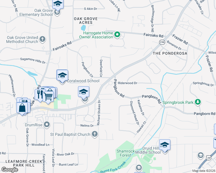 map of restaurants, bars, coffee shops, grocery stores, and more near 2664 Oak Park Trail in Decatur