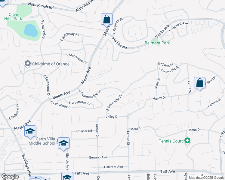 map of restaurants, bars, coffee shops, grocery stores, and more near 4006 East Summitridge Lane in Orange