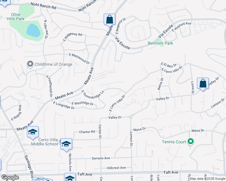 map of restaurants, bars, coffee shops, grocery stores, and more near 3940 East Summitridge Lane in Orange