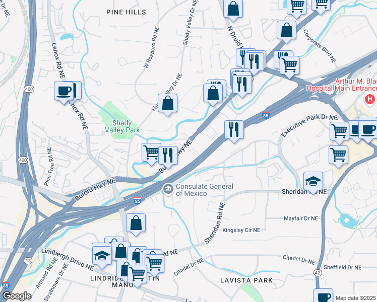 map of restaurants, bars, coffee shops, grocery stores, and more near 2695 Buford Highway Northeast in Atlanta