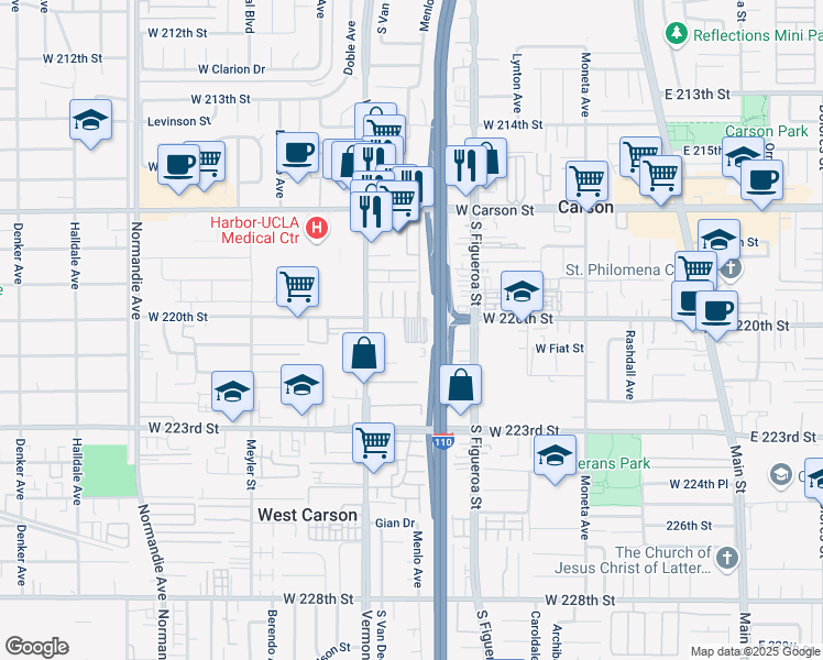 map of restaurants, bars, coffee shops, grocery stores, and more near 732 West 220th Street in Torrance