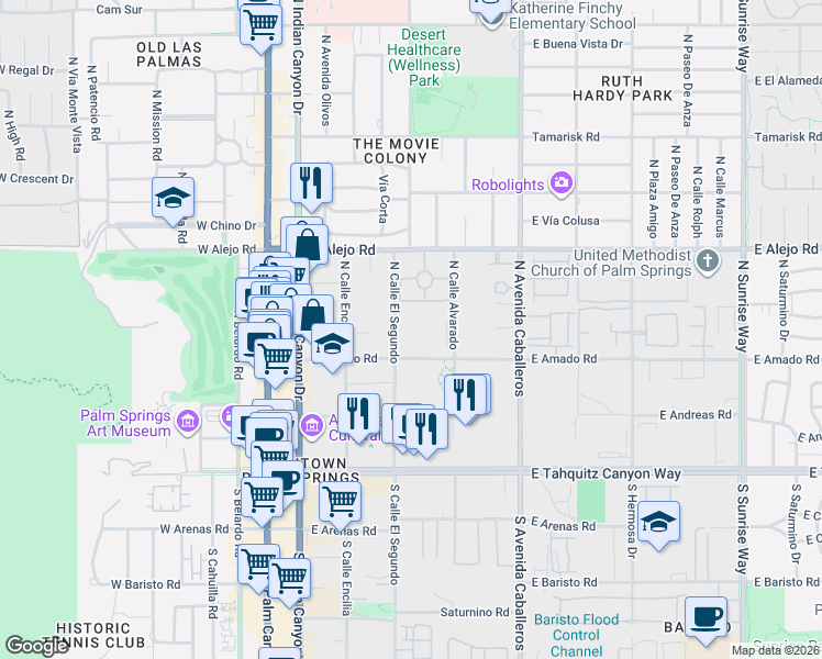 map of restaurants, bars, coffee shops, grocery stores, and more near 500 East Amado Road in Palm Springs