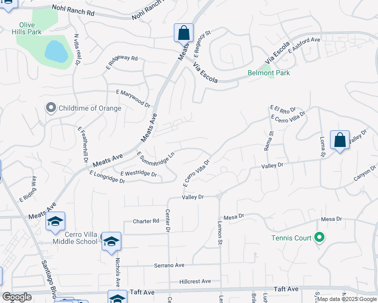 map of restaurants, bars, coffee shops, grocery stores, and more near 4006 East Summitridge Lane in Orange