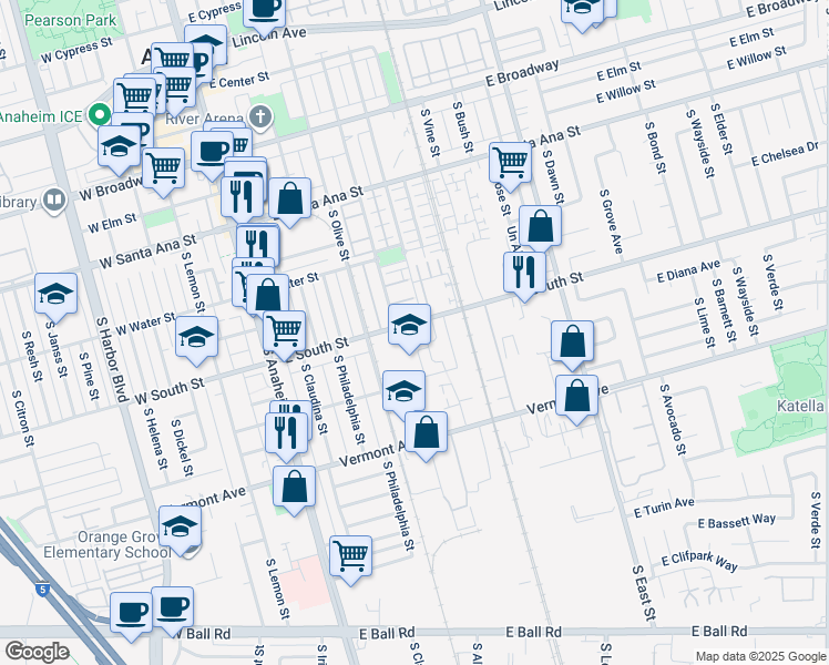 map of restaurants, bars, coffee shops, grocery stores, and more near 772 South Melrose Street in Anaheim