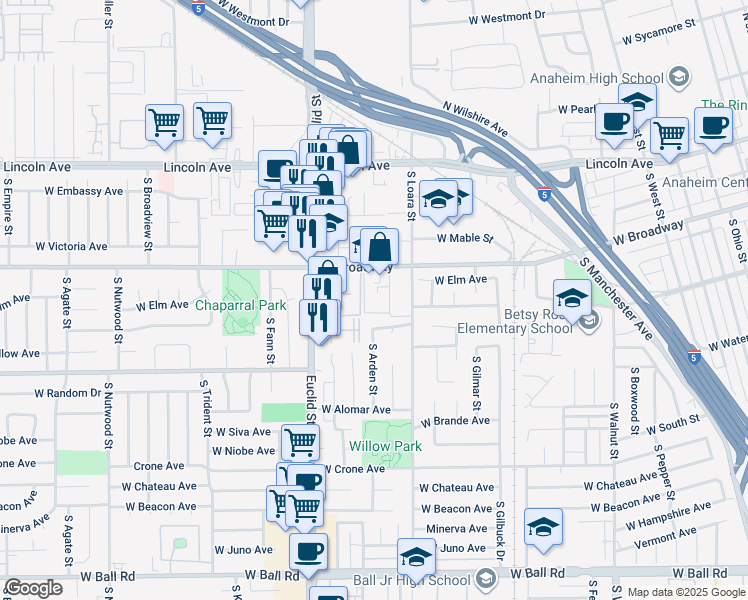 map of restaurants, bars, coffee shops, grocery stores, and more near 1660 West Broadway in Anaheim