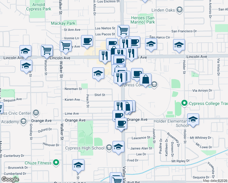 map of restaurants, bars, coffee shops, grocery stores, and more near 9209 Valley View Street in Cypress