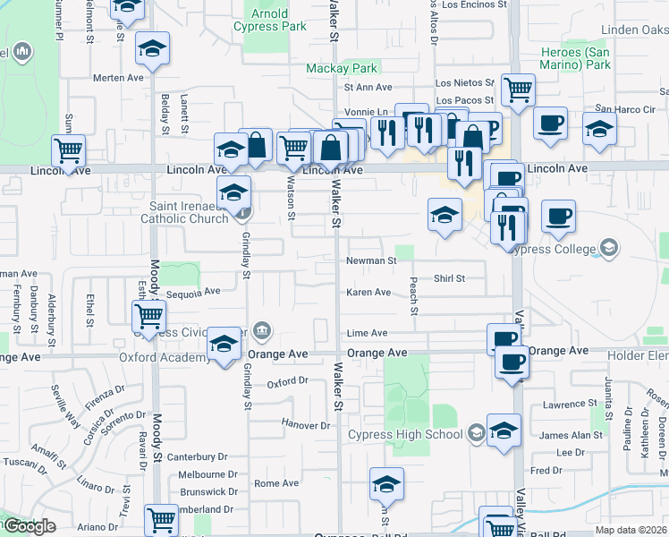 map of restaurants, bars, coffee shops, grocery stores, and more near 5532B Newman Street in Cypress