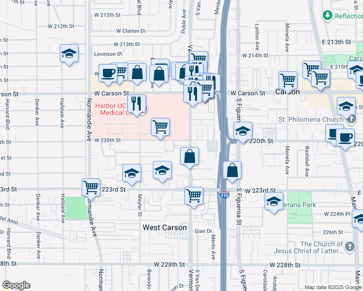 map of restaurants, bars, coffee shops, grocery stores, and more near 22003 Vermont Avenue in Torrance