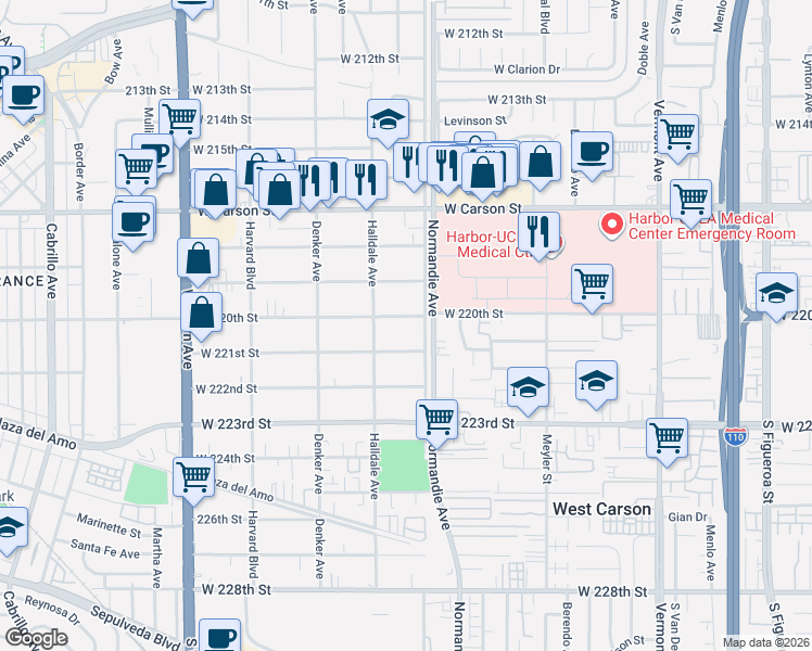 map of restaurants, bars, coffee shops, grocery stores, and more near 1327 West 220th Street in Torrance
