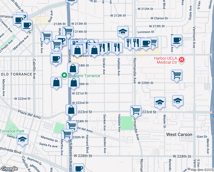 map of restaurants, bars, coffee shops, grocery stores, and more near 1457 West 220th Street in Torrance