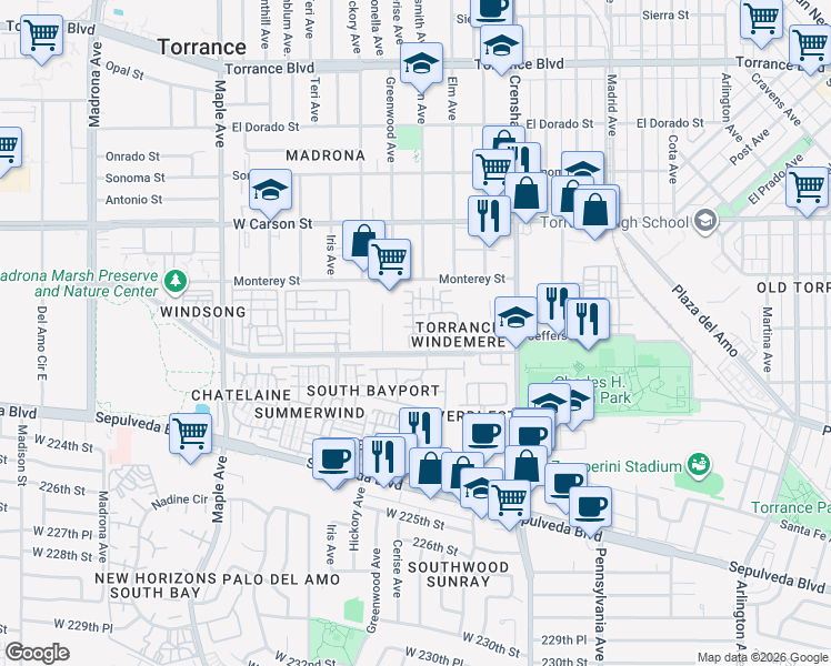 map of restaurants, bars, coffee shops, grocery stores, and more near 2615 Plaza del Amo in Torrance