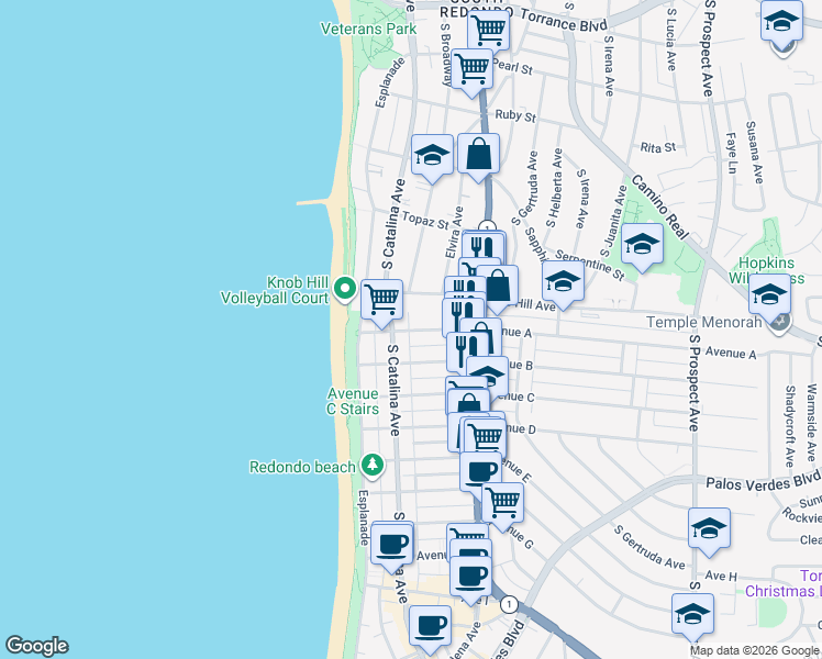 map of restaurants, bars, coffee shops, grocery stores, and more near 211 Avenue A in Redondo Beach