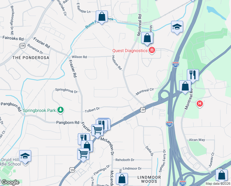 map of restaurants, bars, coffee shops, grocery stores, and more near 2959 Windfield Circle in Tucker