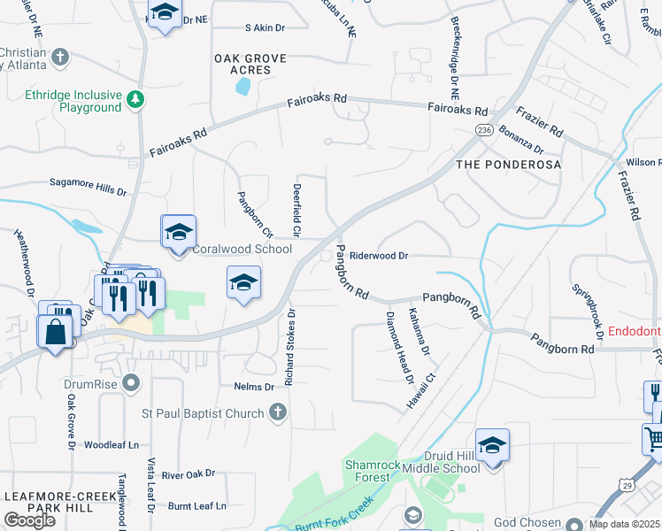 map of restaurants, bars, coffee shops, grocery stores, and more near 2672 Oak Park Trail in Decatur