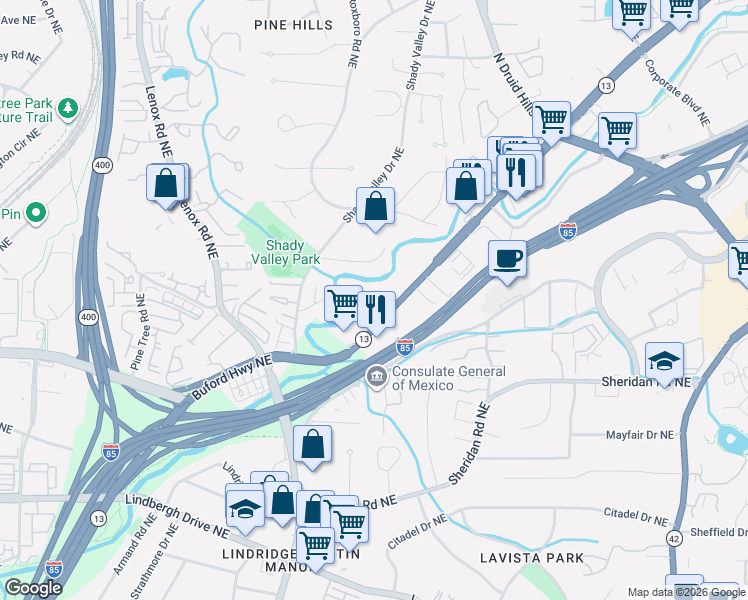map of restaurants, bars, coffee shops, grocery stores, and more near 2665 Rivers Edge Drive Northeast in Atlanta