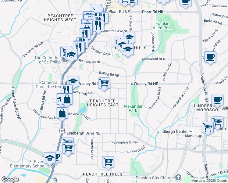map of restaurants, bars, coffee shops, grocery stores, and more near 2671 Brookwood Drive Northeast in Atlanta