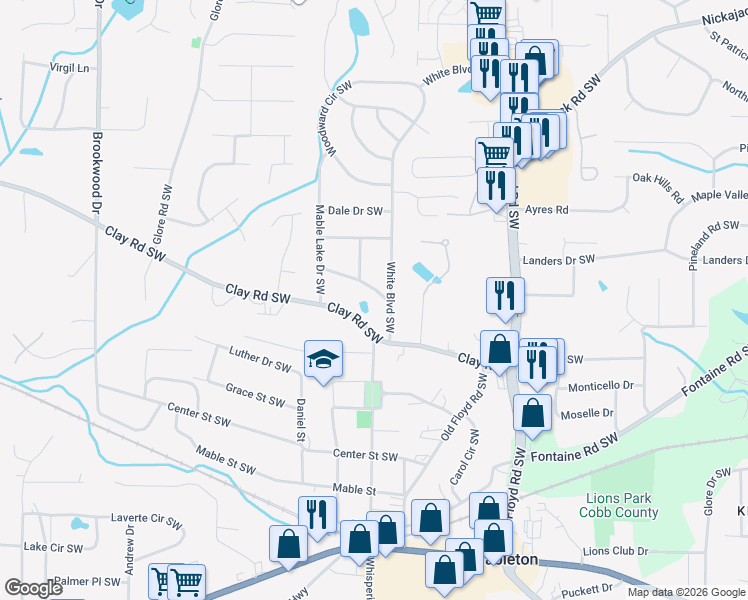 map of restaurants, bars, coffee shops, grocery stores, and more near 943 Wilson Road Southwest in Mableton
