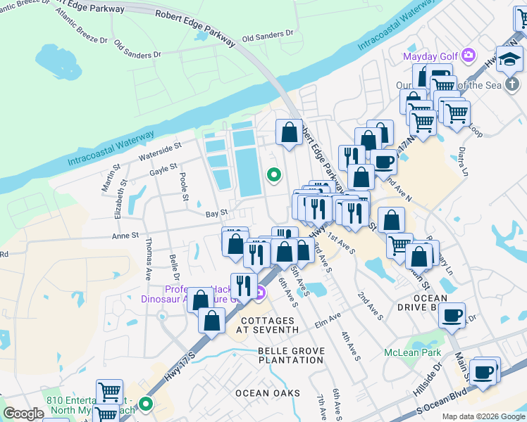 map of restaurants, bars, coffee shops, grocery stores, and more near 1015 2nd Avenue South in North Myrtle Beach