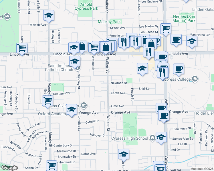 map of restaurants, bars, coffee shops, grocery stores, and more near 5532B Newman Street in Cypress