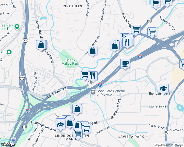 map of restaurants, bars, coffee shops, grocery stores, and more near 2665 Rivers Edge Drive Northeast in Atlanta