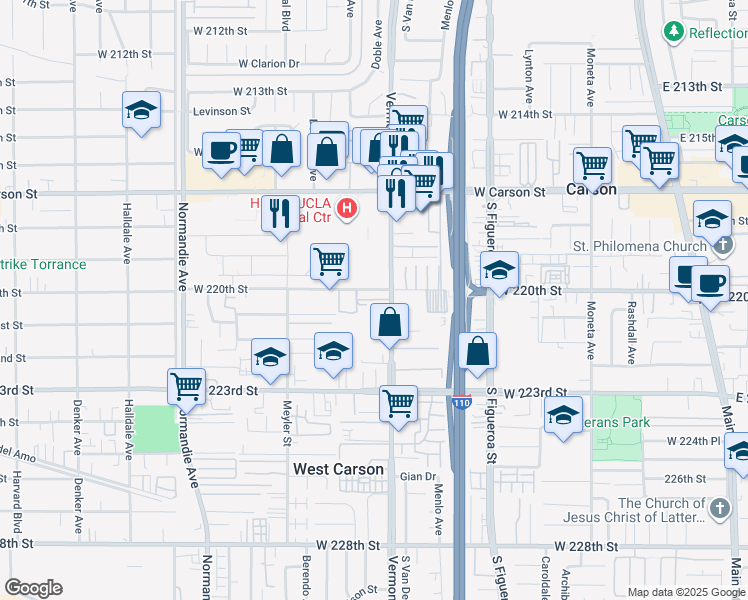 map of restaurants, bars, coffee shops, grocery stores, and more near 22003 Vermont Avenue in Torrance