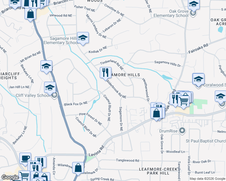 map of restaurants, bars, coffee shops, grocery stores, and more near 1688 Alderbrook Road Northeast in Atlanta