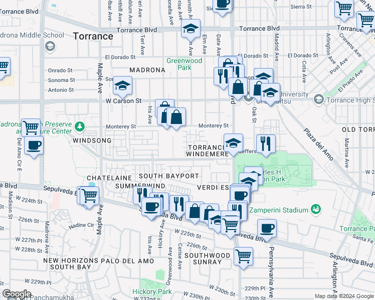 map of restaurants, bars, coffee shops, grocery stores, and more near 2615 Plaza del Amo in Torrance