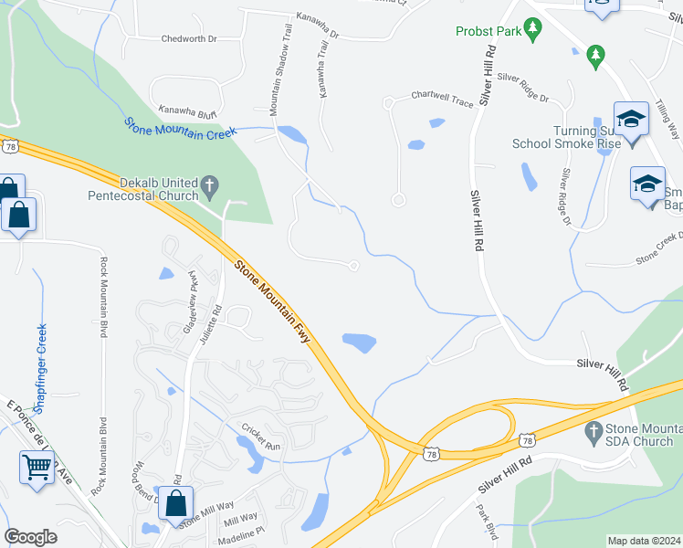 map of restaurants, bars, coffee shops, grocery stores, and more near 1544 Mountain Shadow Trail in Stone Mountain