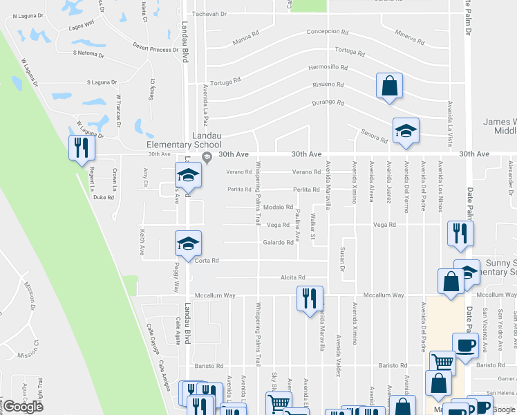 map of restaurants, bars, coffee shops, grocery stores, and more near Whispering Palms Trail & Modalo Road in Cathedral City