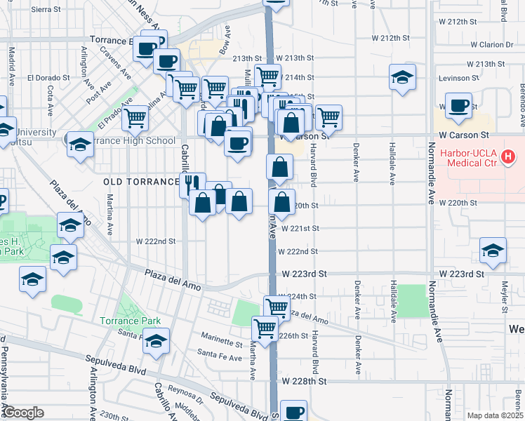 map of restaurants, bars, coffee shops, grocery stores, and more near 22001 South Western Avenue in Torrance