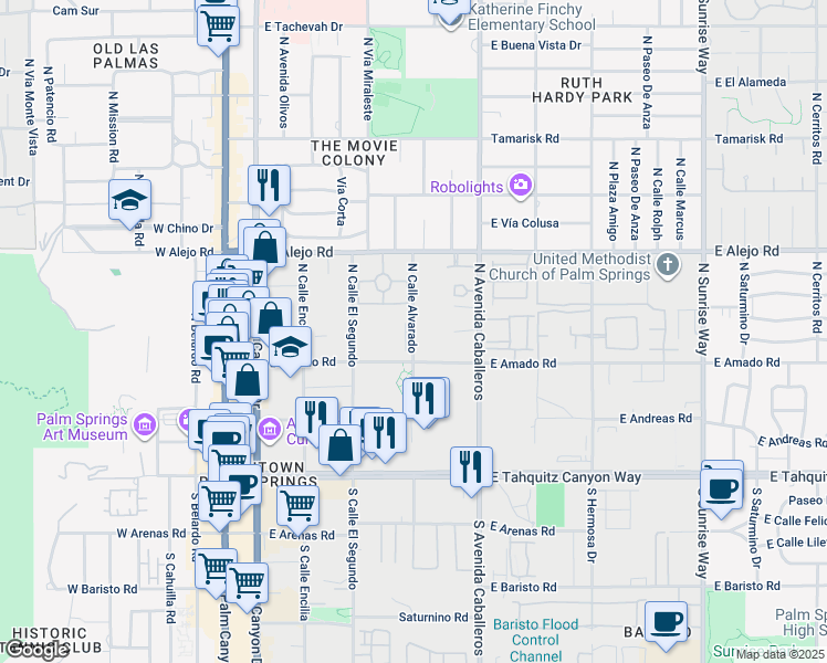 map of restaurants, bars, coffee shops, grocery stores, and more near North Calle Alvarado in Palm Springs