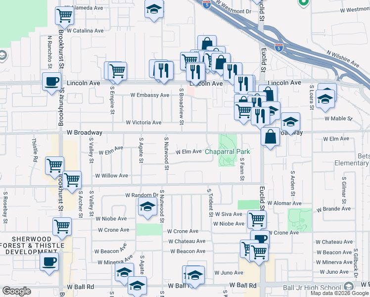 map of restaurants, bars, coffee shops, grocery stores, and more near 319 South Ethyl Place in Anaheim