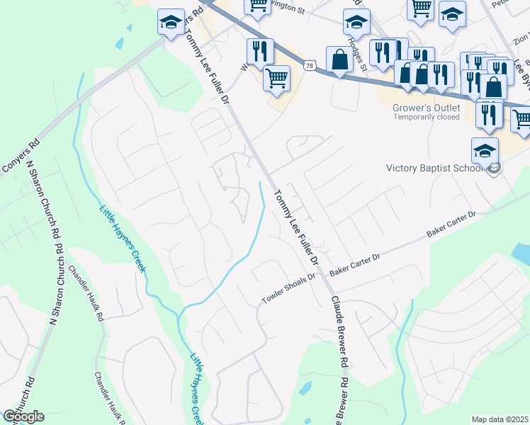 map of restaurants, bars, coffee shops, grocery stores, and more near 460 Towler Court in Loganville