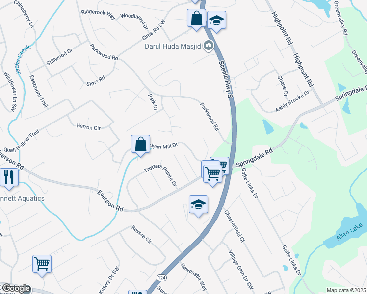map of restaurants, bars, coffee shops, grocery stores, and more near 3052 Glynn Mill Drive in Snellville
