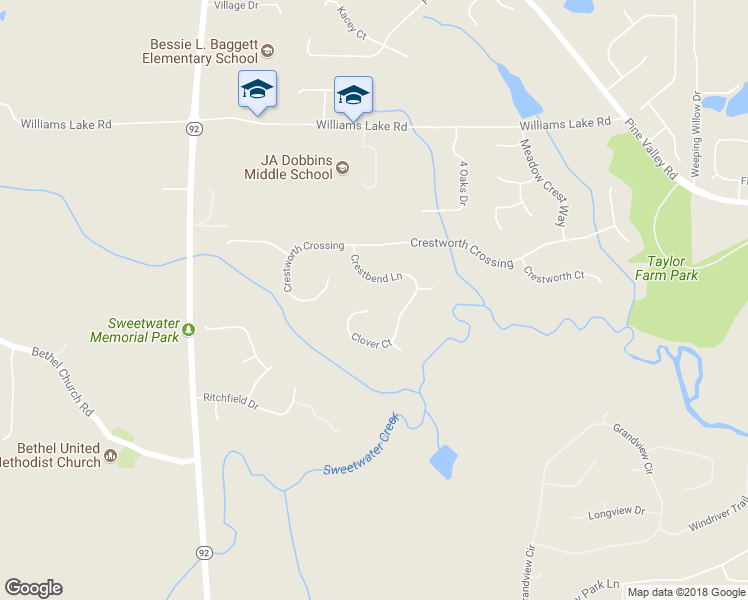 map of restaurants, bars, coffee shops, grocery stores, and more near 591 Crestbend Lane in Powder Springs