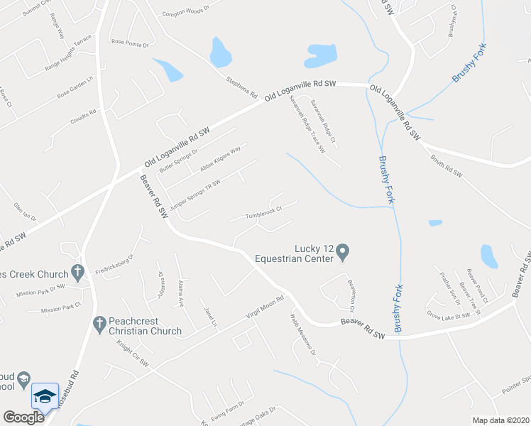 map of restaurants, bars, coffee shops, grocery stores, and more near Tumblerock Court in Loganville