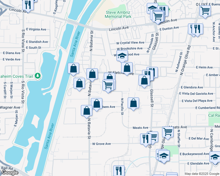map of restaurants, bars, coffee shops, grocery stores, and more near 2390 North American Way in Orange