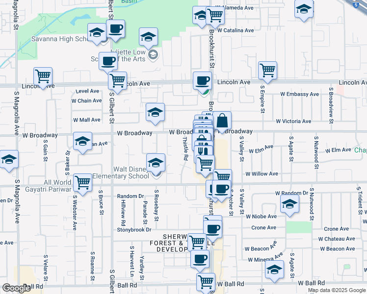map of restaurants, bars, coffee shops, grocery stores, and more near 9301 Thistle Road in Anaheim