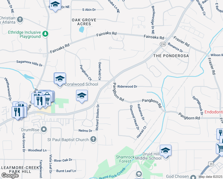map of restaurants, bars, coffee shops, grocery stores, and more near 2672 Oak Park Trail in Decatur