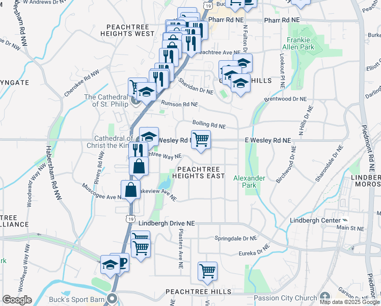 map of restaurants, bars, coffee shops, grocery stores, and more near 146 Peachtree Way Northeast in Atlanta