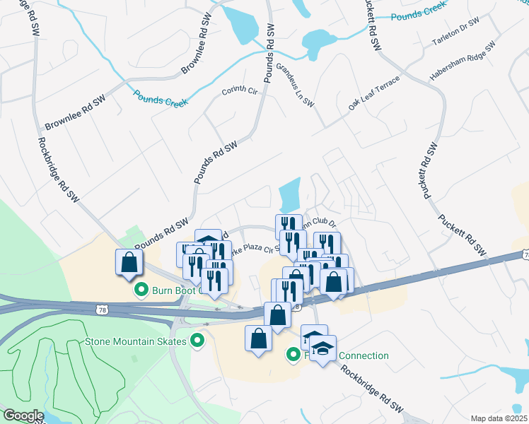 map of restaurants, bars, coffee shops, grocery stores, and more near 4950 Lakebrooke Run in Stone Mountain