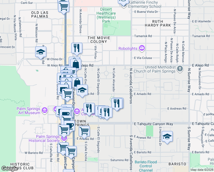 map of restaurants, bars, coffee shops, grocery stores, and more near 500 East Amado Road in Palm Springs