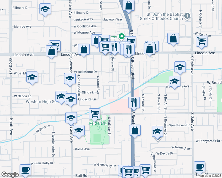 map of restaurants, bars, coffee shops, grocery stores, and more near 235 South Beach Boulevard in Anaheim