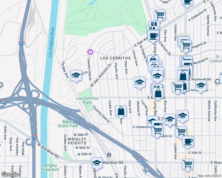 map of restaurants, bars, coffee shops, grocery stores, and more near 3830 Cedar Avenue in Long Beach