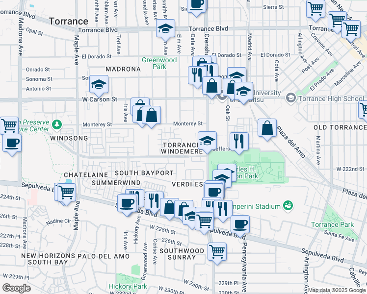 map of restaurants, bars, coffee shops, grocery stores, and more near 2573 Plaza del Amo in Torrance