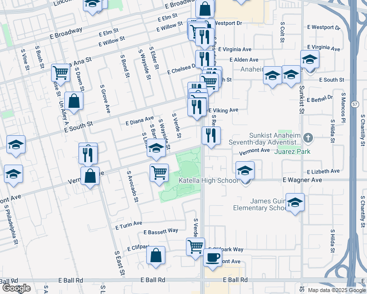 map of restaurants, bars, coffee shops, grocery stores, and more near 1801 East Vermont Avenue in Anaheim