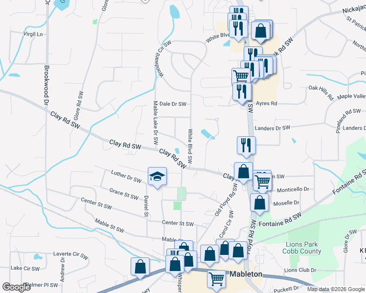 map of restaurants, bars, coffee shops, grocery stores, and more near 943 Wilson Road Southwest in Mableton