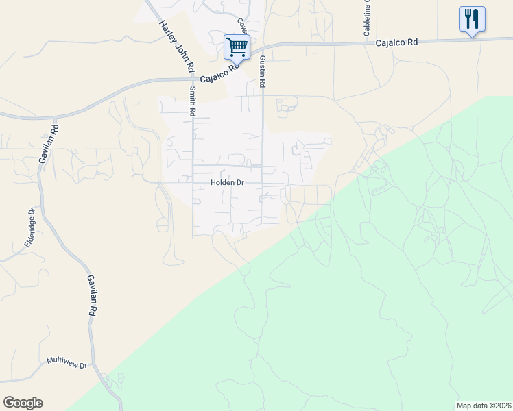 map of restaurants, bars, coffee shops, grocery stores, and more near Gustin Road in Lake Mathews