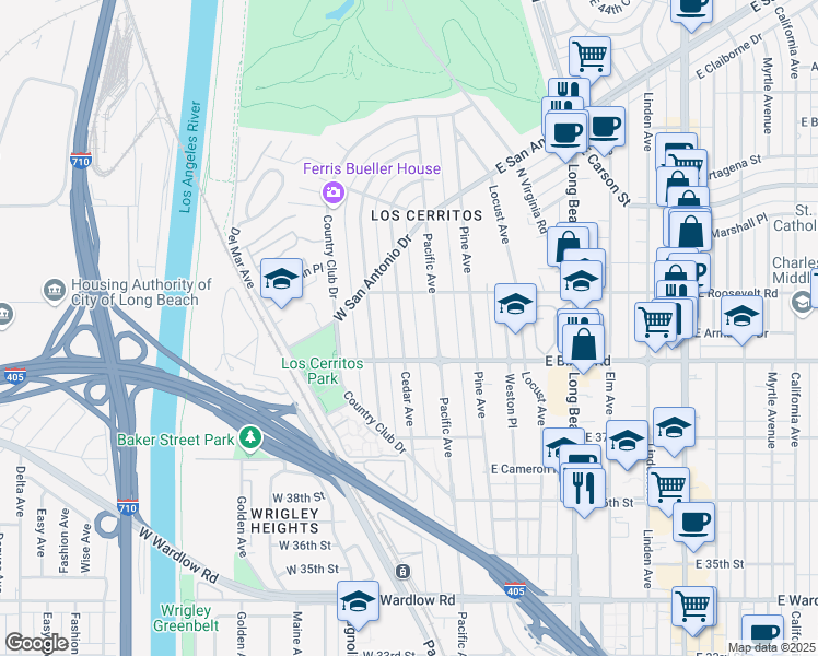 map of restaurants, bars, coffee shops, grocery stores, and more near 3830 Cedar Avenue in Long Beach