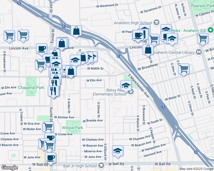 map of restaurants, bars, coffee shops, grocery stores, and more near 380 South Gilbuck Drive in Anaheim